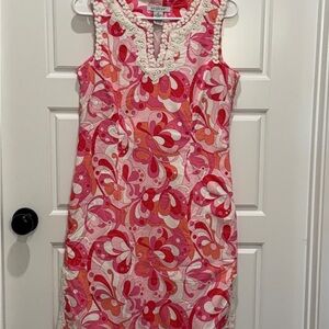 Vintage Paraphrase Dress Size 8 Pink Red Floral Boho Crochet Trim Shift Retro